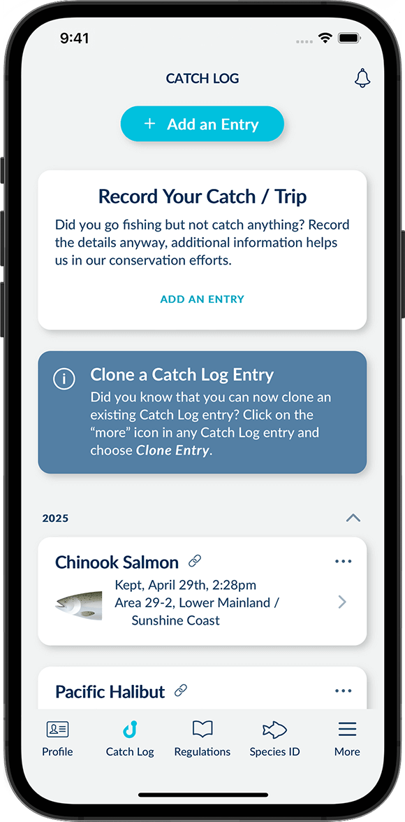 Screenshot of the FishingBC App showing the Catch Log