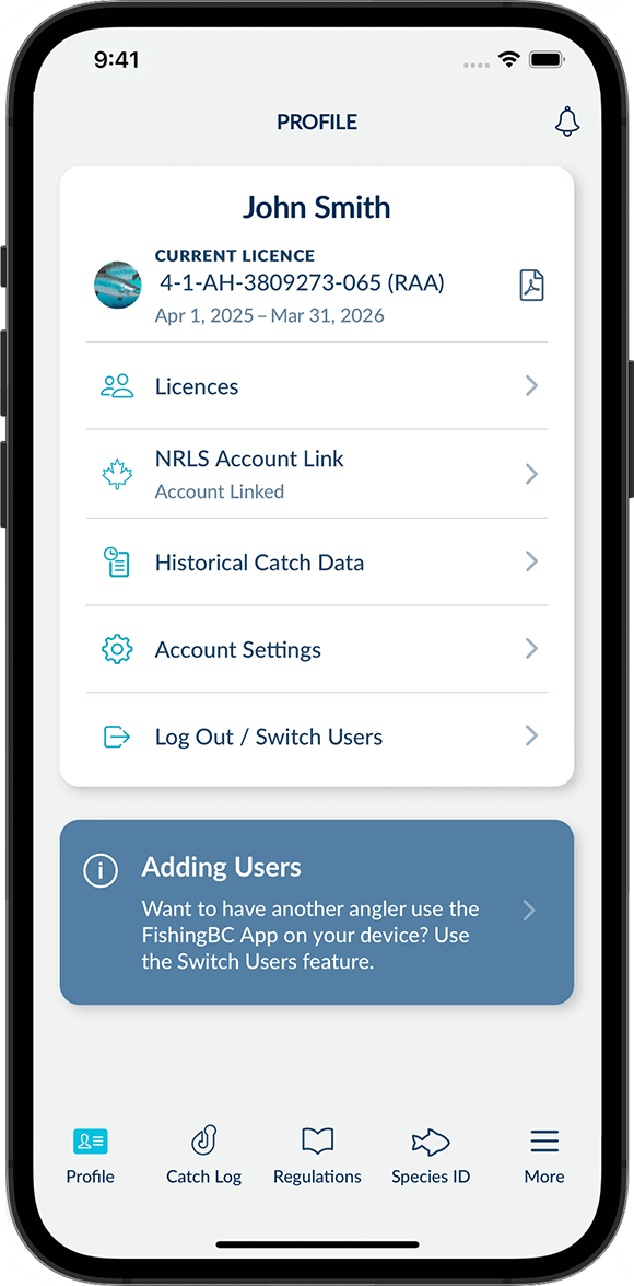 Screenshot of the FishingBC App showing a BC Tidal Waters Sport Fishing Licence