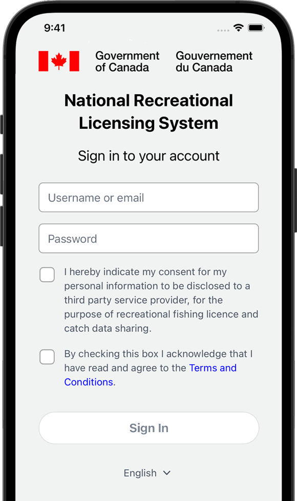 Screenshot of the FishingBC App showing part of the NRLS account linking process