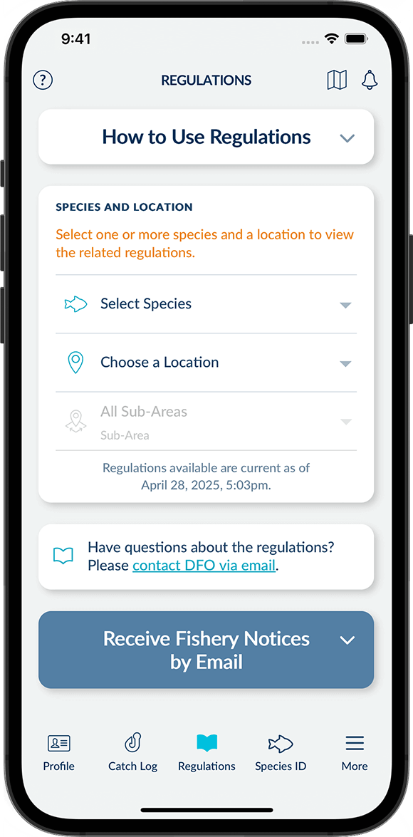 Screenshot of the FishingBC App showing the main Regulations screen