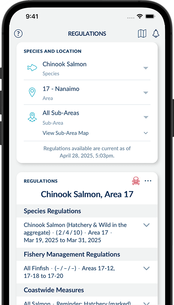 Screenshot of the FishingBC App showing species regulations