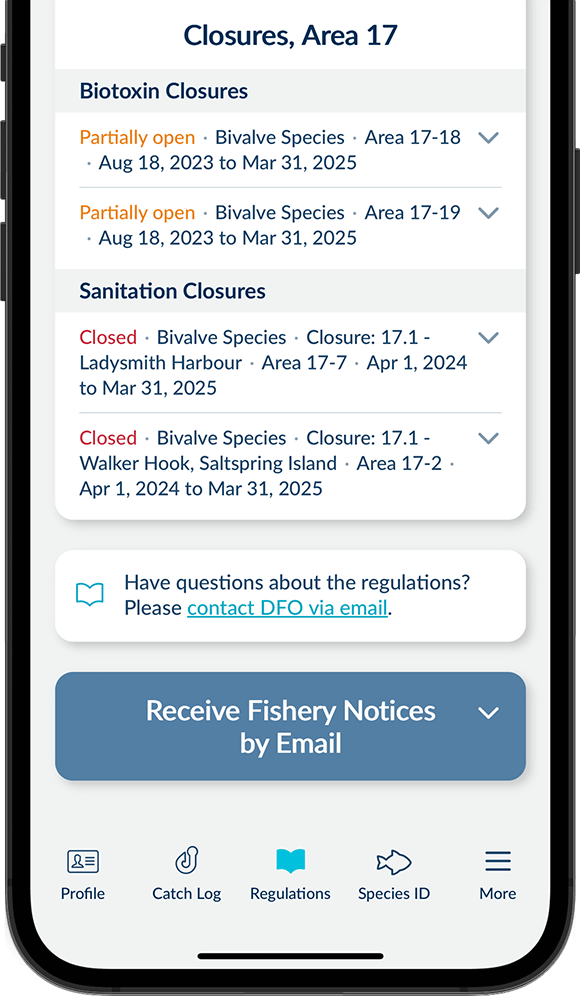 Screenshot of the FishingBC App showing closures